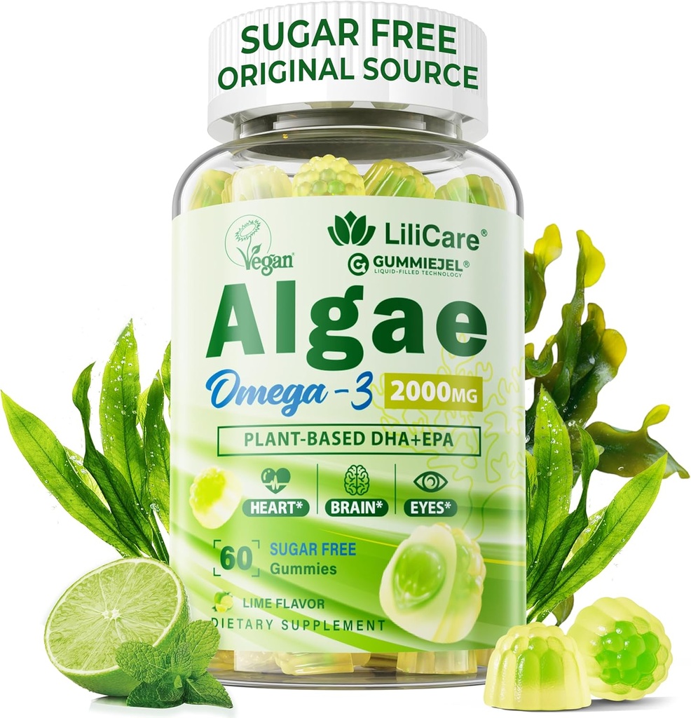 오메가 3 여자 & 남자를 위한 조류 기름 (DHA 640mg & EPA 290mg)에서 Gummies 2200mg, Vegan 오메가 3 물고기 기름 대안, w/CoQ10, Astaxanthin, 비타민 A, E, 두뇌를 위한 D3, 눈, 산화 방지제, 설탕 자유로운, 1Pack