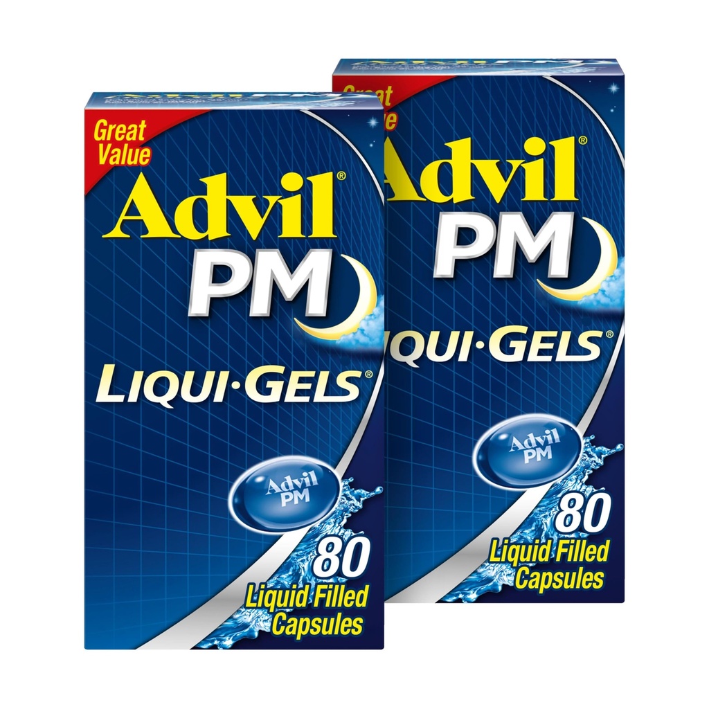 Advil PM Liqui-Gels Pain Reliever 및 야간 수면 보조, 통증 완화 및 수면 보조를위한 Diphenhydramine HCL에 대한 Ibuprofen과 통증 의학 - 2x80 액체 채워진 캡슐