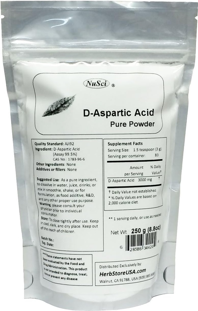 순수한 D-Aspartic 산 (DAA) 분말 AJI 품질 표준 (250 그램 (8.8 oz))