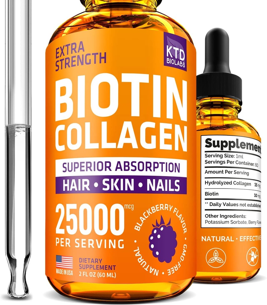 머리 성장 25,000 mcg에 대 한 액체 콜라겐과 Biotin 드롭 - 미국 교원질 & 머리 피부와 손톱에 대 한 Biotin 비타민 - 여성과 남성에 대 한 가수 분해 콜라겐과 Biotin 보충