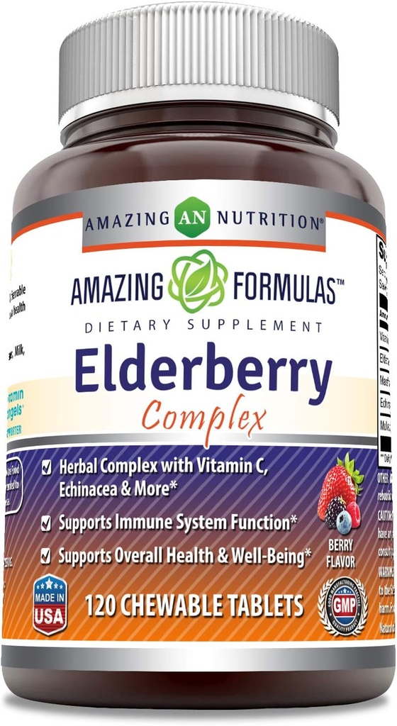 Amazing Formulas Elderberry Complex Supplement | 120 Chewable Tablet | Berry flavor | Non-GMO | 글루텐 프리 | 미국