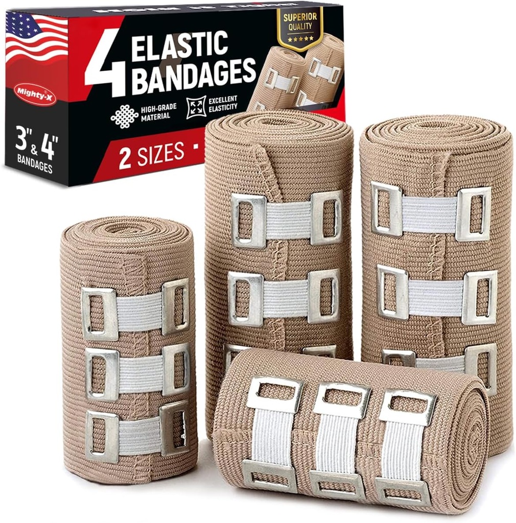우수한 탄력 있는 붕대 포장 - 4pk (2x3in, 2x4in) + 12 여분 클립 - 손목, 발목, 발 및 무릎을 위한 강한 압축 붕대 포장