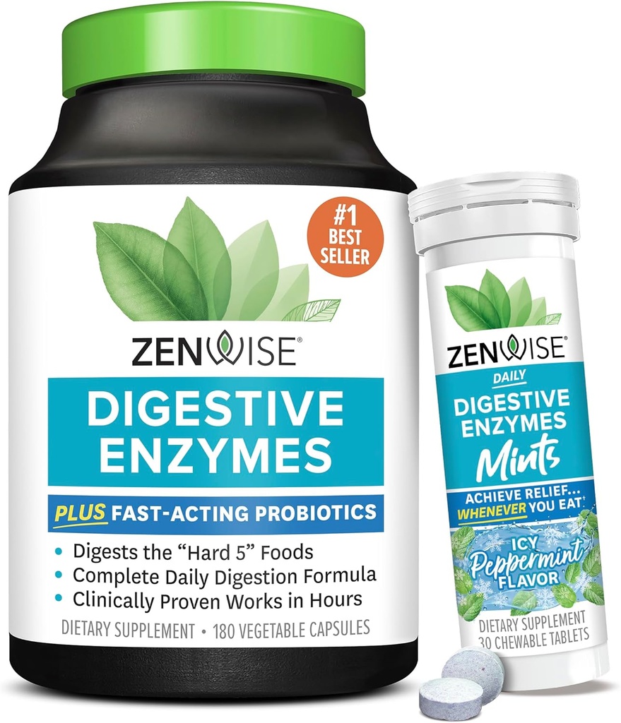 Zenwise 건강 소화 효소 및 Peppermint Chewable - 소화 효소, Probiotic Multi Enzymes 캡슐 및 편리한 Chewable Peppermint의 여성과 남성을위한 Probiotics