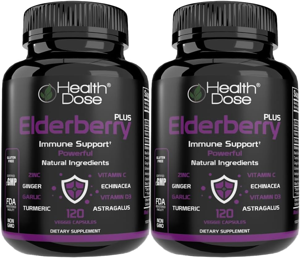 건강 복용량 Elderberry Plus 캡슐 - 비타민 C, D3, 아연, 셀렌 및 11 년 동안 11 가지 성분 - 120 Veggie 캡슐, 2 개월 공급 팩 2