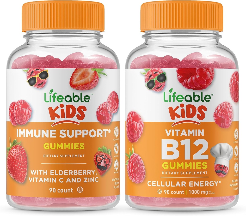 Lifeable 면역 지원 아이 + 비타민 B12 아이, Gummies 번들 - 훌륭한 타스팅, 비타민 보충, 글루텐 무료, GMO 무료, Chewable Gummy