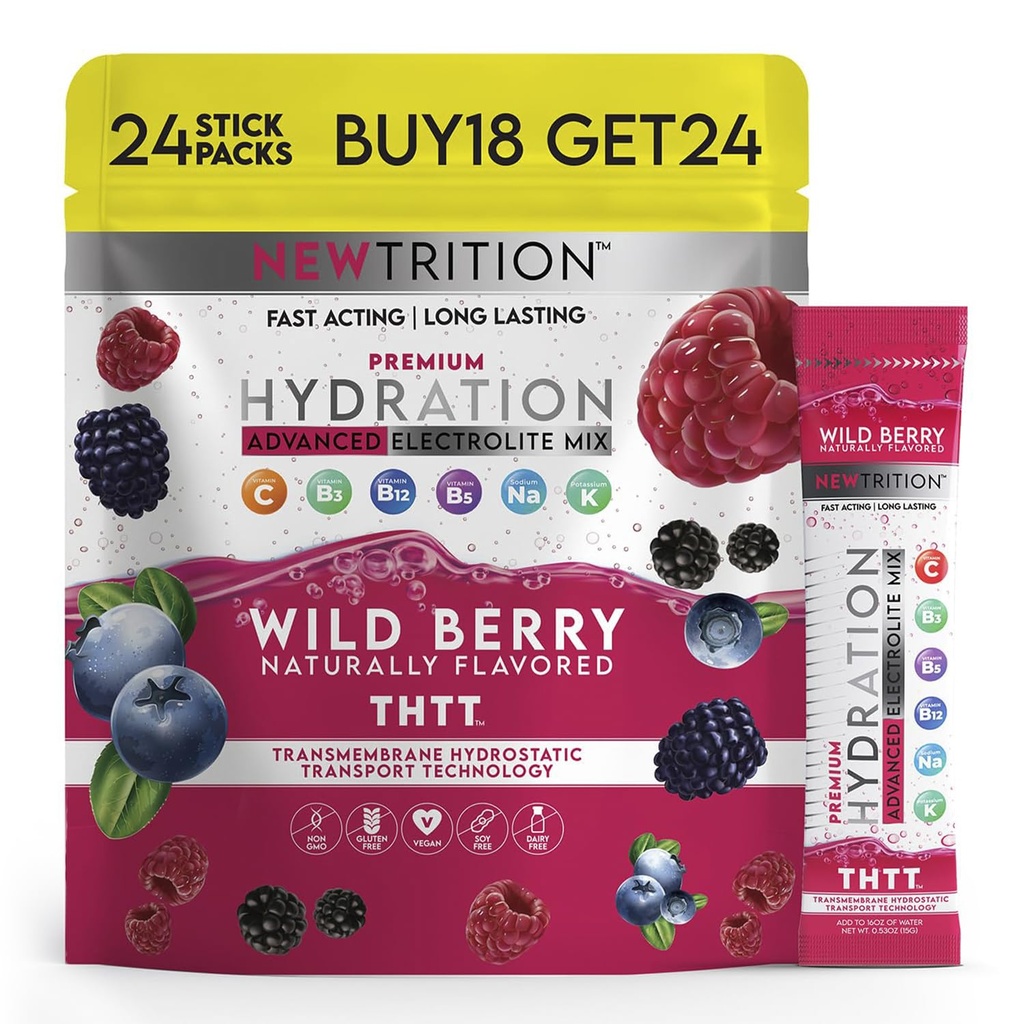Hydration 분말, 24 Electrolyte Powder Packets의 야생 베리 팩, 자연적으로 비타민 B & C, 에너지 및 회복과 빠른 Acting Hydrate Electrolytes 물, 빠른 Acting Hydrate에 대 한 맛을 내는 Hydrate