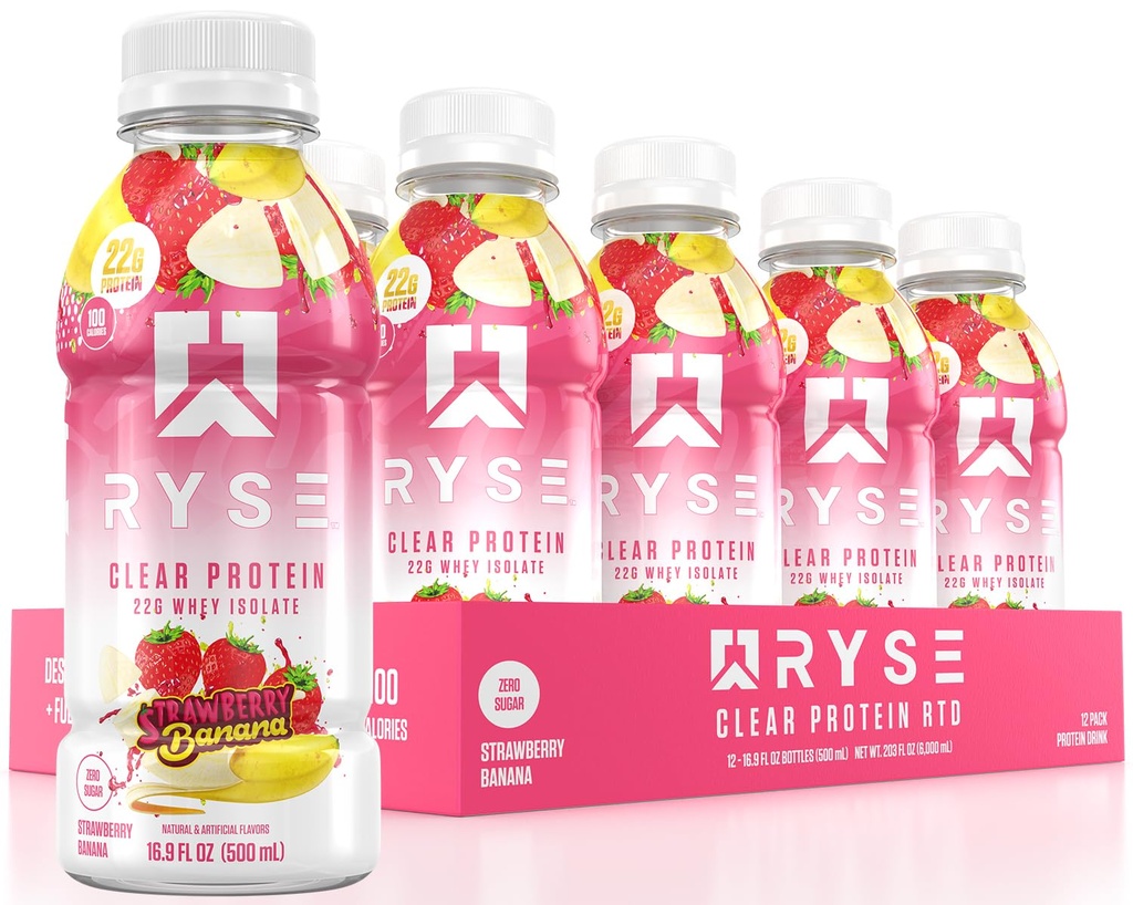 RYSE Clear Protein Drink - Strawberry Banana - 100 칼로리, 22g Whey Isolate Protein Shake, Sugar-Free, 0g Fat & Lactose-Free - Ready-to-Drink 음료 상쾌 - 16.9 fl oz Bottle (12-Pack)