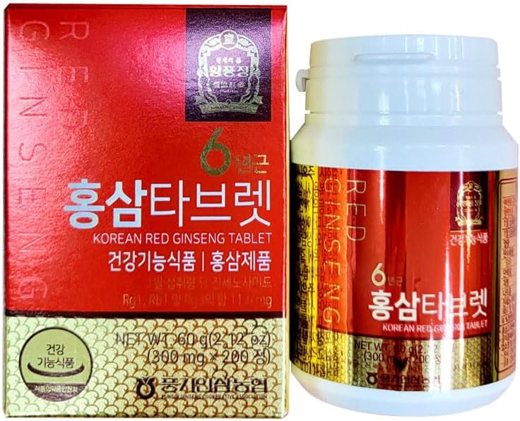 정통 6years 한국 빨간 인삼 - 300mg x 200 정제 - 건강한 면역 지원, 혈액 흐름 및 기억 - 100% 빨간 인삼 추출물