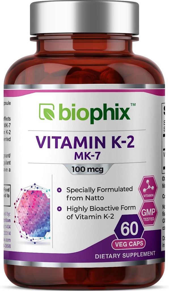biophix 비타민 K2 MK-7-100 mcg 60 Veg 캡슐 - 강한 뼈 면역력을 지원