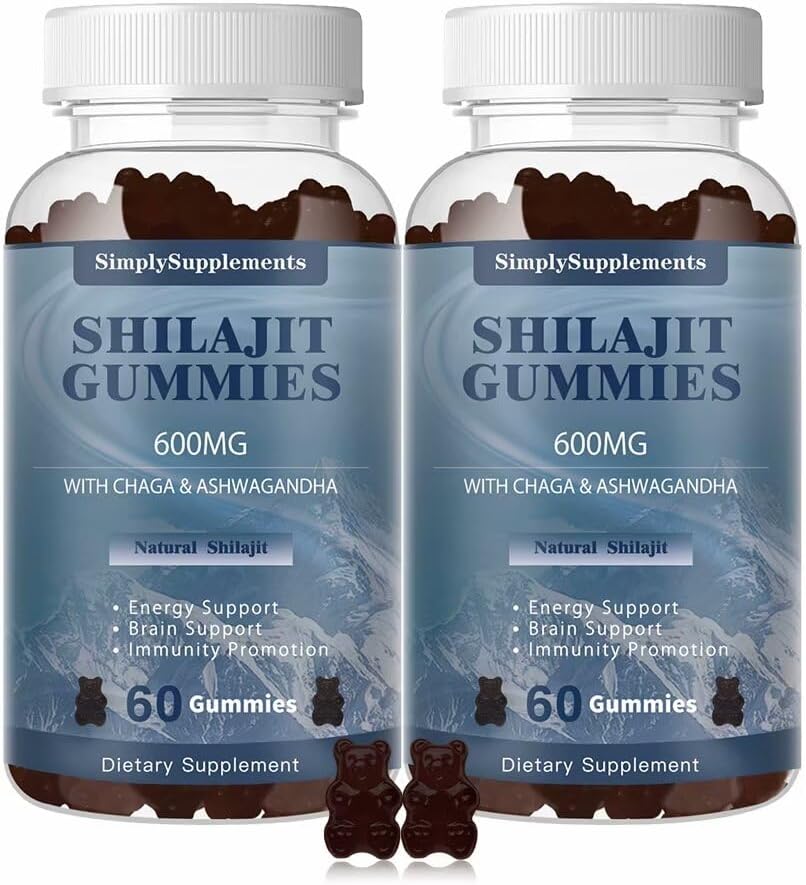 Shilajit Gummies 600mg, Trace 무기물과 Shilajit 보충 & 에너지와 면제 지원을 위한 Fulvic 산, 남자 & 여자를 위한 유기 Shilajit 수지, Vegan, 60 Gummies (2 팩)