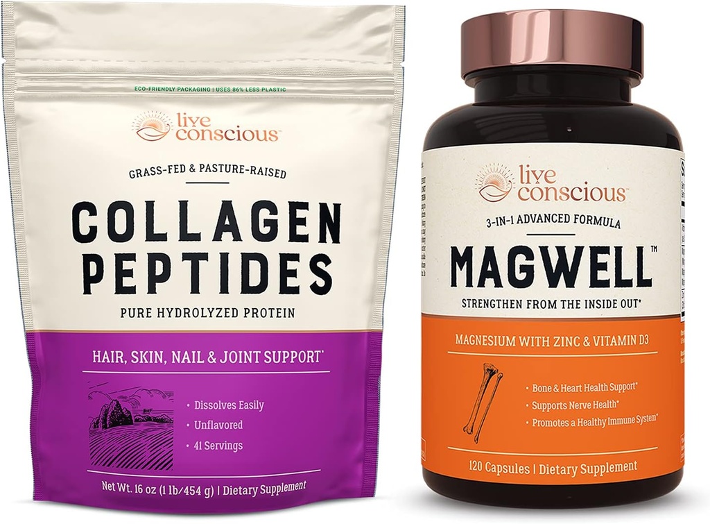 Live Conscious Collagen Peptides & MagWell 마그네슘 아연 & 비타민 D3 | 헤어, 피부, 네일, 관절 지원 + 뼈 & 심장 건강, 면역 체계 지원