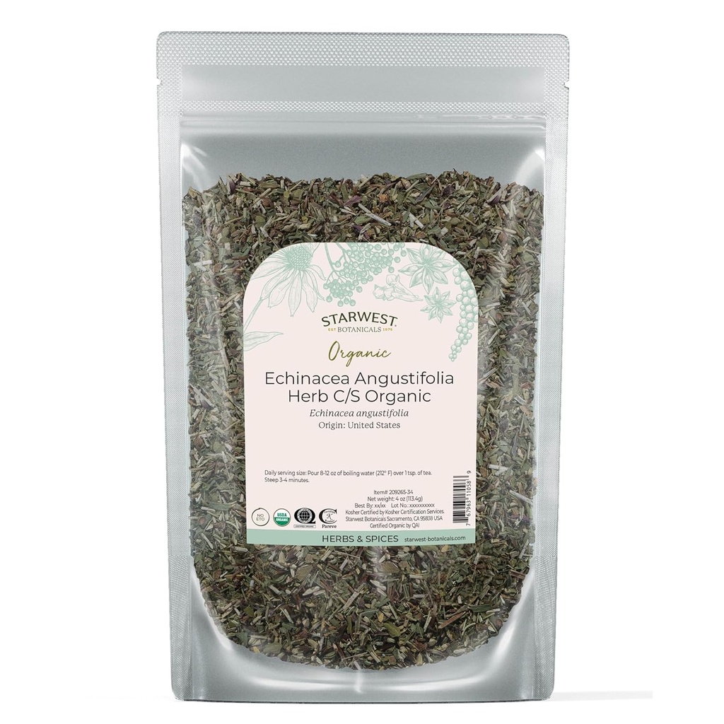 Starwest Botanicals에 의하여 말린 Echinacea Angustifolia 유기 - 차를 위한 느슨한 잎 허브, Tinctures, & 자연적인 초본 혼합, 커트 & Sifted, 증명된 고약, 비 GMO - 4개 oz 주머니