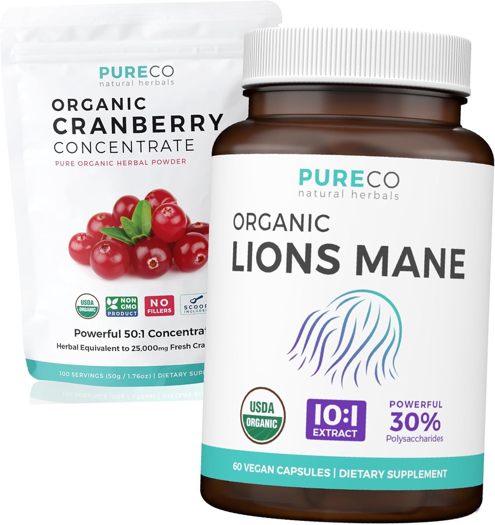 Cranberry Powder & Lions Mane (1 개월 공급) 유기농 크랜베리 농축 분말 50 : 1 추출물 (100 국자) 및 유기 사자 Mane 버섯 10 : 1 추출물 (60 모자)