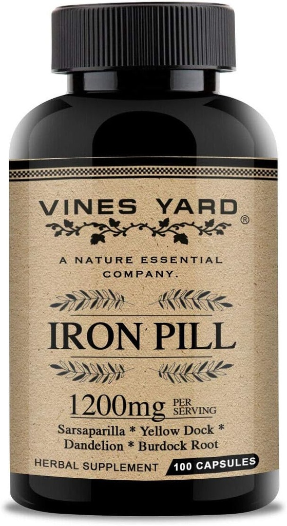철 보충제 | 천연 초본 철 알약 | 유기 Sarsaparilla, Dandelion, Burdock Root & Yellowdock Capsules 1200mg | 100 Pack