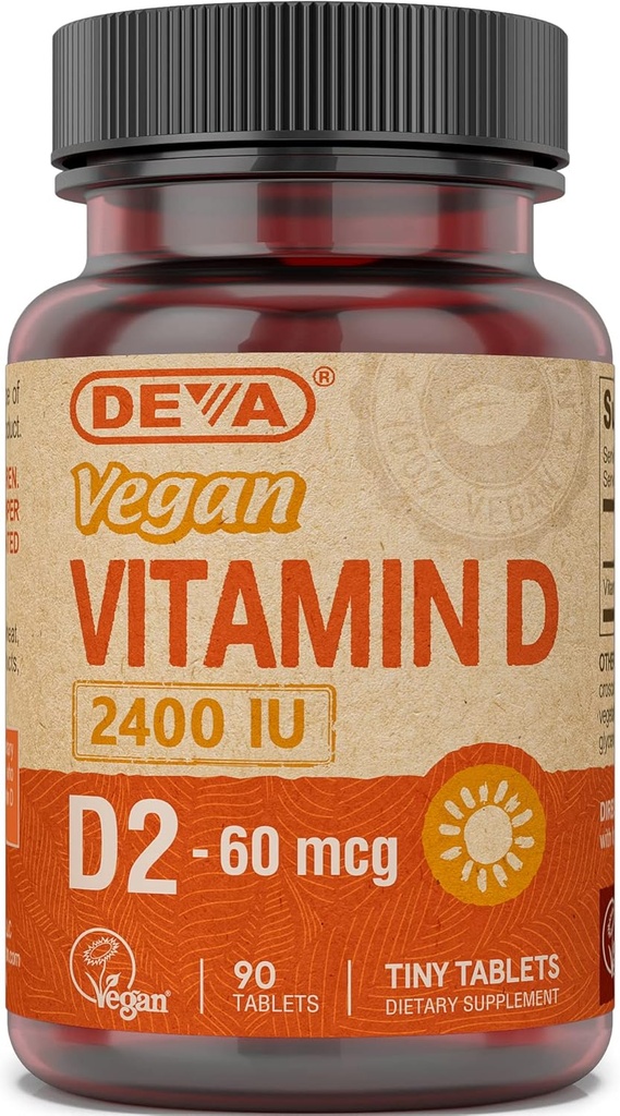 Deva Vegan 비타민 D2 60 mcg 2400 IU, 동물성 성분 없음을 가진 Ergocalciferol 보충교재, 90의 정제, 1 팩