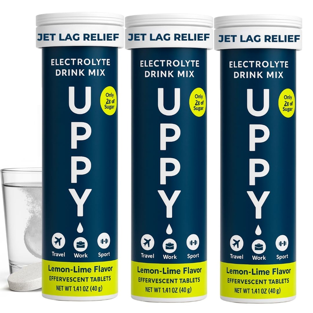 Uppy! Lemon-Lime Electrolyte Hydration Tablets - 30 Count (3x10) - Rapid Rehydration 용 물에 용해 - 여행, 스포츠 및 축제 - 휴대용 Electrolyte Wellness 음료