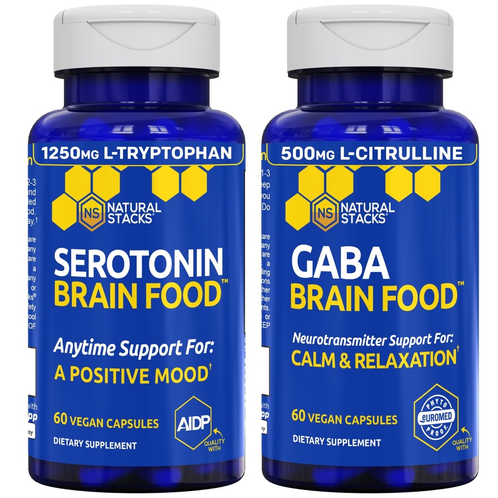 NATURAL STACKS Serotonin & GABA 뇌 식품 뭉치 - 긍정적 인 계류 및 칼로리 * - 120 총 캡슐 지원