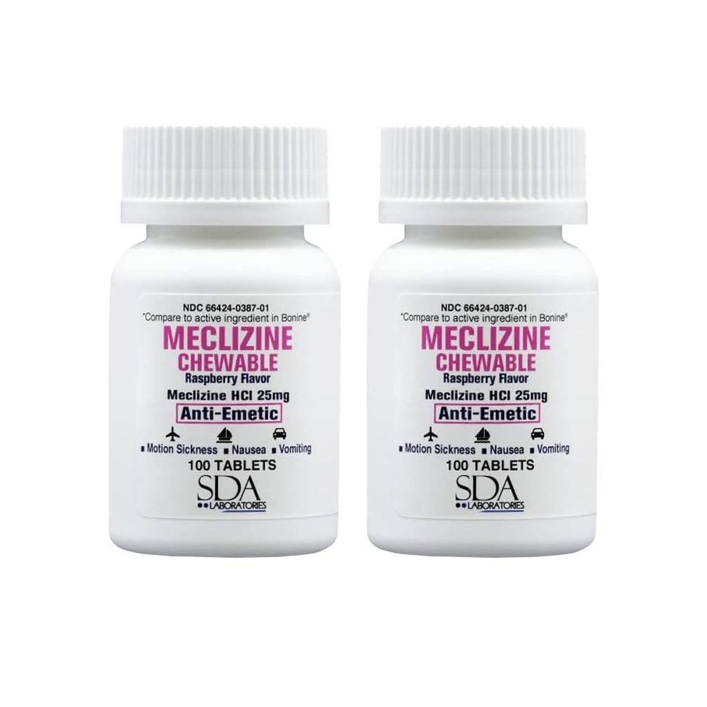 SDA LABORATORIES Meclizine 25mg Chewable Tablets, Anti-Emetic, Raspberry flavor, Nausea, Dizziness, Vomiting, 휴대용 여행 보조 (2 병 100 개)