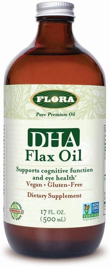 Flora DHA Flax Oil - 지원 뇌 건강 - Vegan Omega-3-6-9, Gluten-Free, Kosher & Non-GMO - Chilled 유지 - 유리 병 - 17 fl. oz.