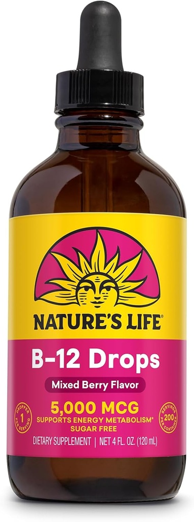 Nature's Life B12 Drops 5000 mcg - 비타민 B12 Methylcobalamin - 에너지 대사를 위한 액체 B12 보충교재, Nerve 기능 및 빨간 혈액 세포 지원 자연적인 혼합 베리, 설탕 자유로운 (200 봉사, 4oz)