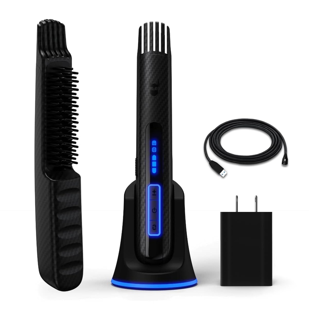 Beard Struggle Carbon X - Heated Beard Brush + 남자를위한 Beard Straightener - Cordless Beard Brush & Straightening Comb - 충전식, 3 열 설정, Micro-Fibre 보호 슬리브 포함