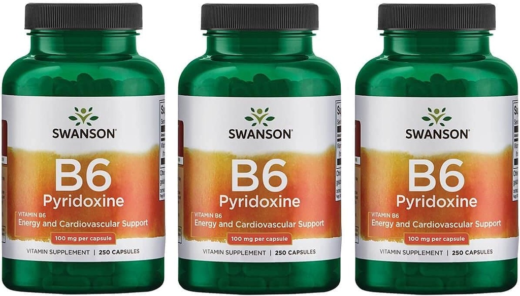 Swanson B6 Pyridoxine - 비타민 보충 심혈관 건강 및 에너지 대사 촉진 - 전반적인 웰빙을 촉진하는 천연 공식 - (250 캡슐, 100mg 각각) 3 팩