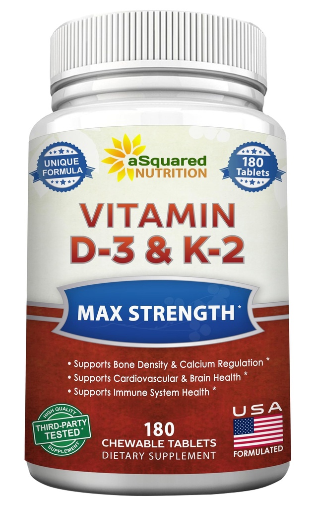 K2 보충교재 180 Chewable 정제, 최대 힘 D-3 Cholecalciferol & K-2 MK7를 가진 aSquared 영양 비타민 D3 건강한 뼈, 이, 심장 - 산화를 억제하는 D3 & K2 MK-7 에너지 공식 성인