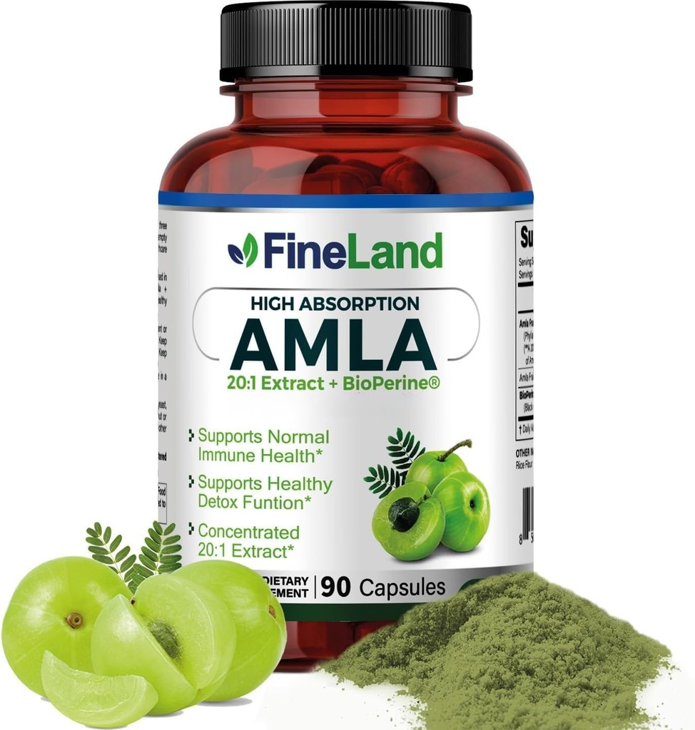 FineLand Amla (인도 Gooseberry) 20X 전체 스펙트럼 추출 - 30,600mg 흡수를위한 BioPerine®, 자연 비타민 C, 면역 및 소화 지원 - 90 Vegan 캡슐