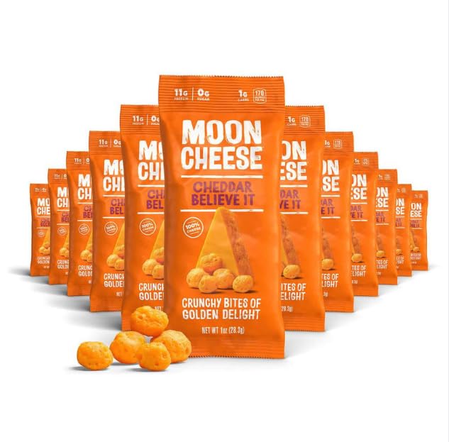 Moon Cheese Cheddar는 1 Ounce, 12-Pack, Crunchy, Protein-Rich Cheese Snack, Keto Friendly, 100 % Real Cheese를 믿고 있습니다.