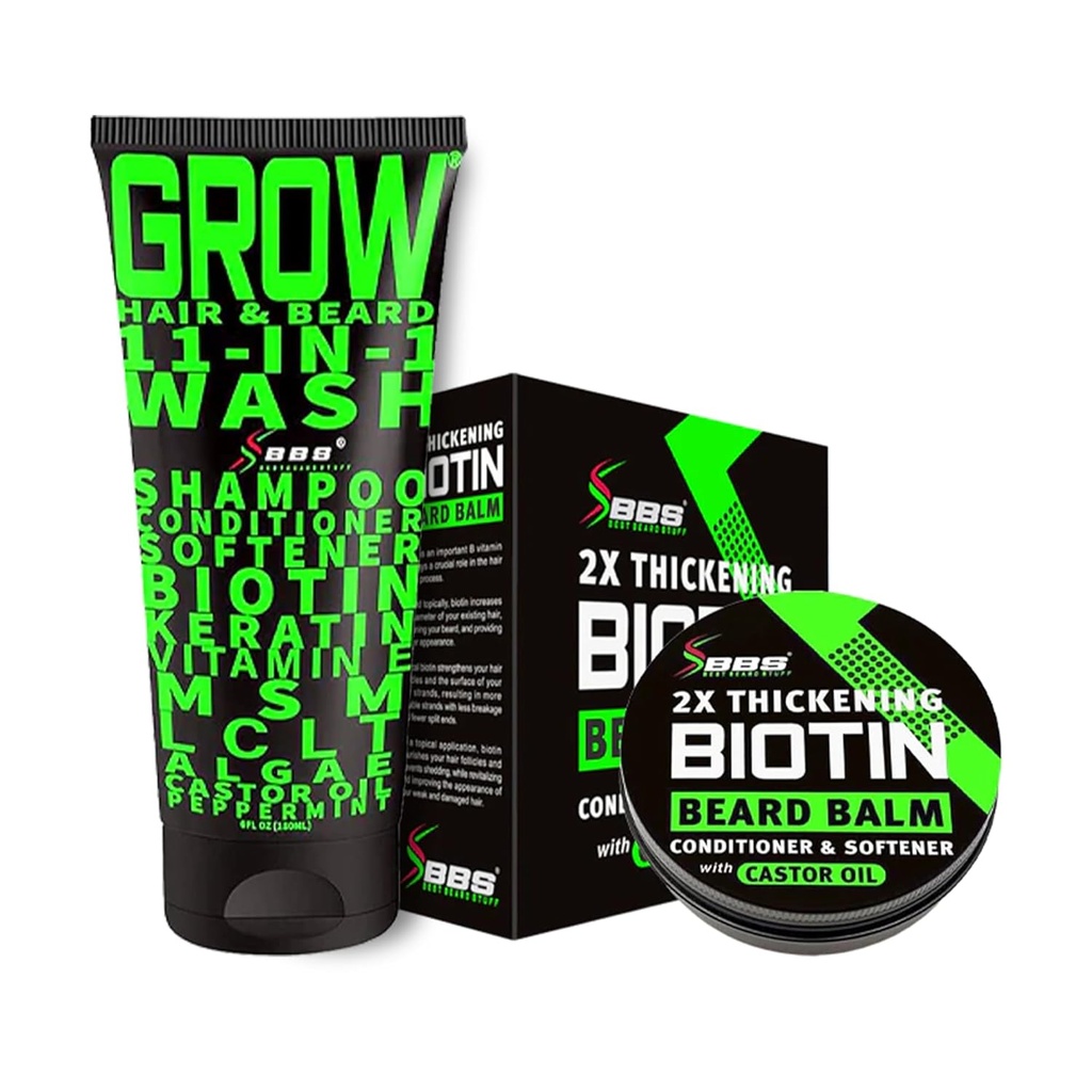 수염 성장 키트 w / 2X 두껍게하는 Biotin 남성을위한 수염 발기 및 수염 왁스 + GROW 11-in-1 남성 샴푸 및 컨디셔너 (남자 w / 비타민 용 해 성장 샴푸) - 미국에서 공식화