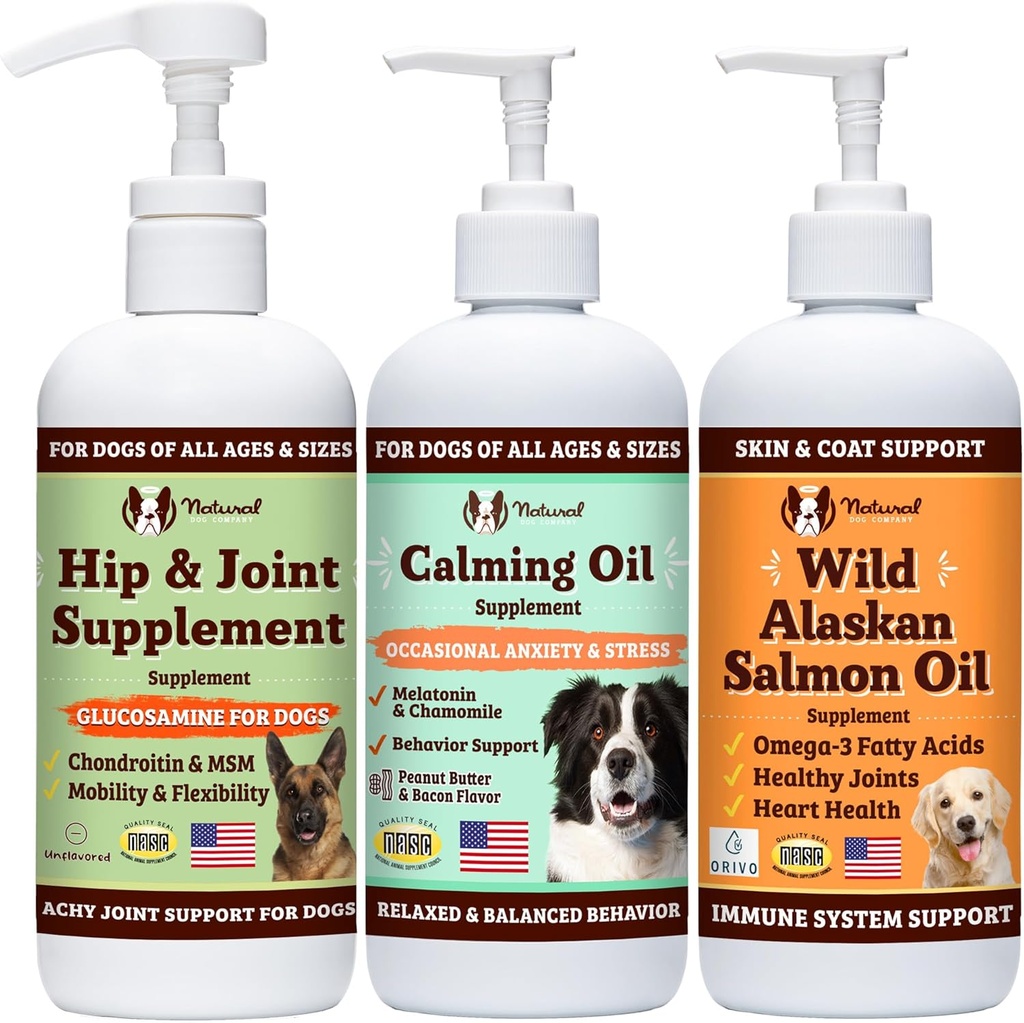 Natural Dog Company Wellness Bundle Food Oil Toppers 포함 (1) 야생 알래스카 연어 오일, (1) 액체 글루코사민, (1) 칼로리