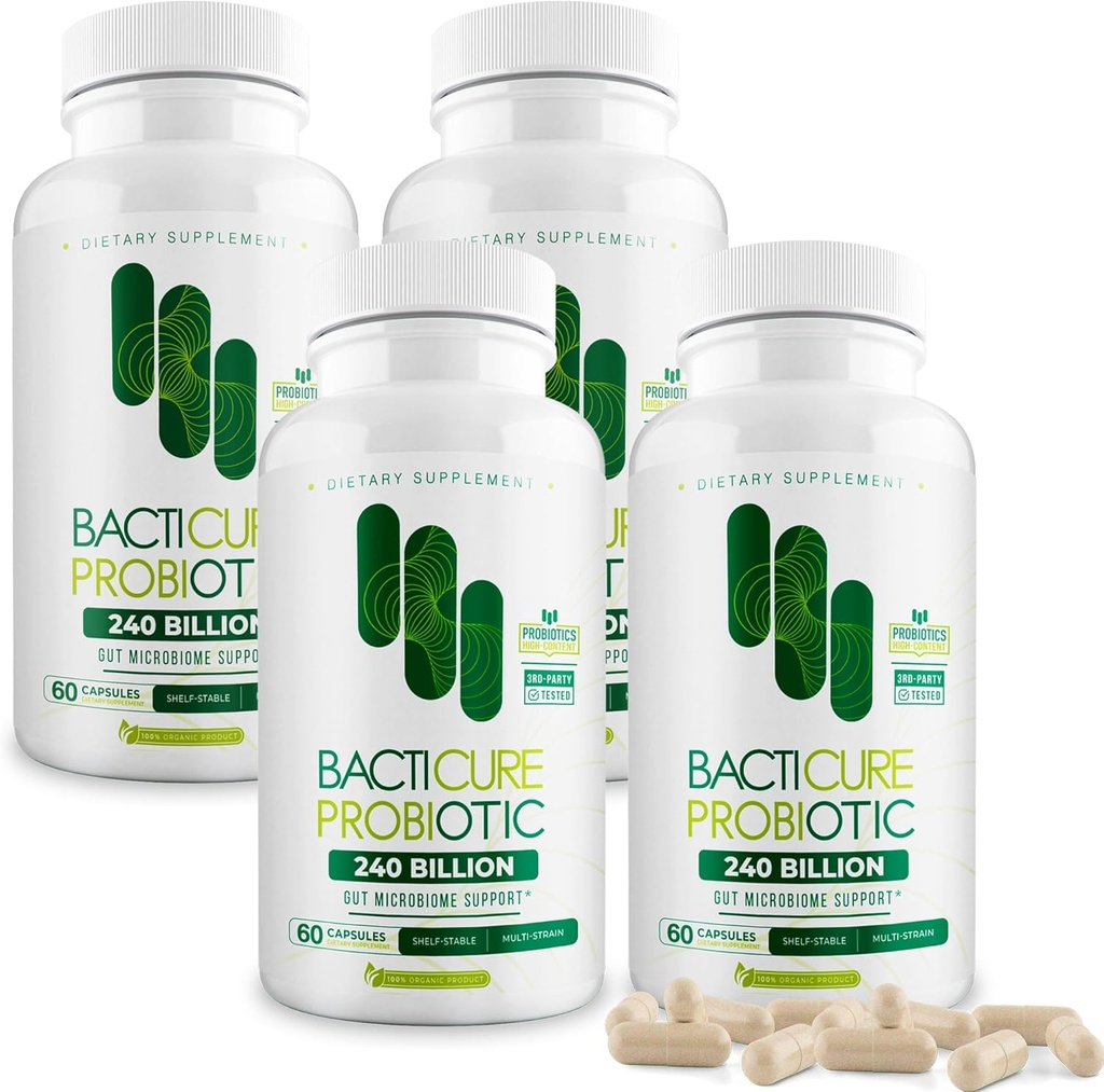 Bacticure Probiotic 240 캡슐 | Probiotics Supplement w/High CFU Formula for Men & Women | 소화 및 구트 건강, 질 건강, 콜론 클렌징, 면역 지원을위한 Prebiotics 및 소화 효소