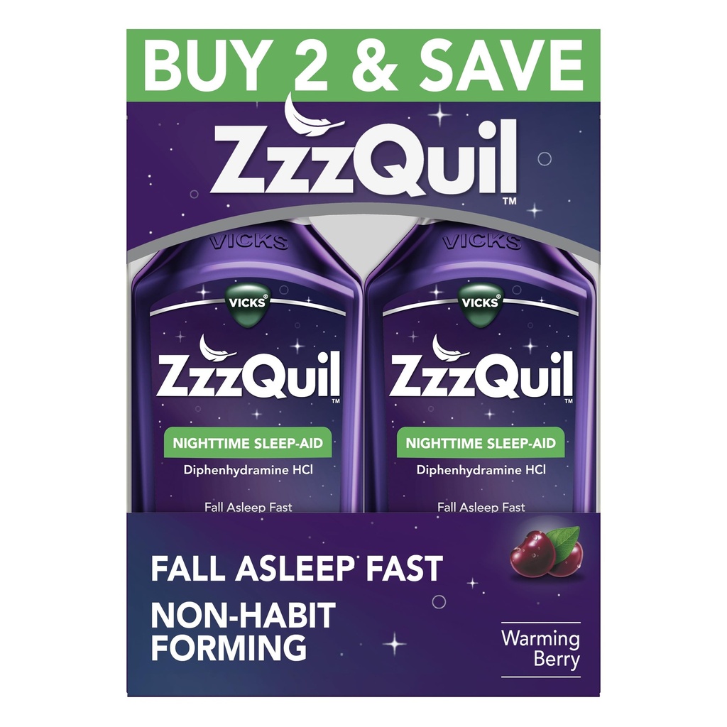 ZzzQuil, 수면 보조, 야간 수면 보조 액체, 50 mg Diphenhydramine HCl, 가을 Asleep Fast, Non-Habit Forming, Warming Berry flavor, 12 FL OZ (패치 2)