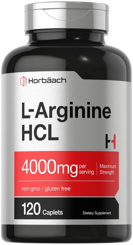 Horbäach L-Arginine HCL 4000mg | 120 Caplets | 남성용 아미노산 | Nitric 산화물 보충교재 | Vegetarian, Non-GMO, 글루텐 무료 보충