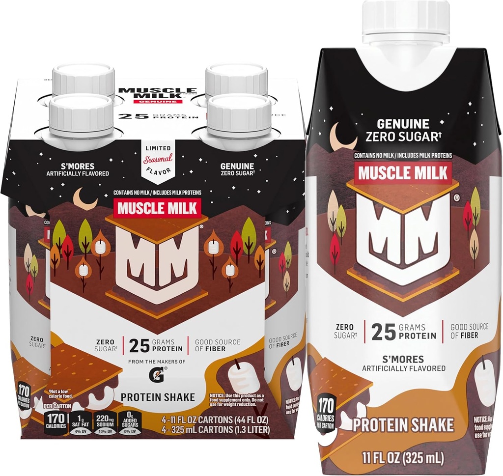 근육 우유 진짜 단백질 Shake, S'mores, 25g 단백질, 11 Fl Oz (포장 4)