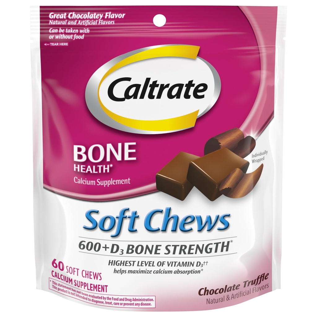 Caltrate Soft Chews 600 Plus D3 칼슘 비타민 D 보충, 초콜릿 트러플 - 60 개 (포장 월병)