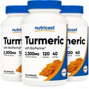 Nutricost 심황 쿠르쿠민 약 (3 팩) BioPerine 및 95 % Curcuminoids, 2300mg, 120 캡슐, Veggie 캡슐, 767mg Per Cap, 40 서빙, 글루텐 무료, 비 GMO