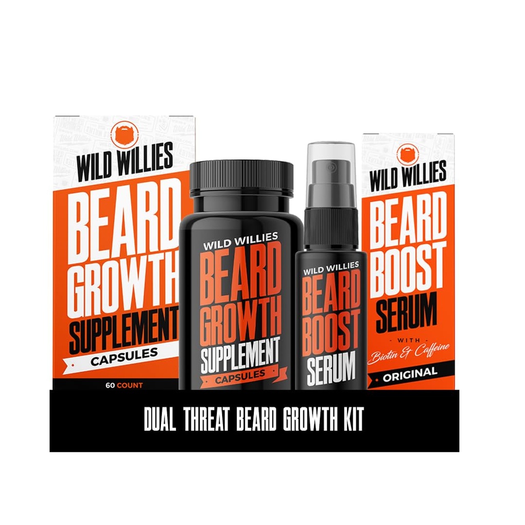 Wild Willies Beard Growth Kit - 캡슐 & Boost Serum - Biotin & Caffeine을 가진 자연적인 성장 기름 - Fuller를 위한 비타민, 더 두꺼운 Beard - 남자를 위해 60의 캡슐 -