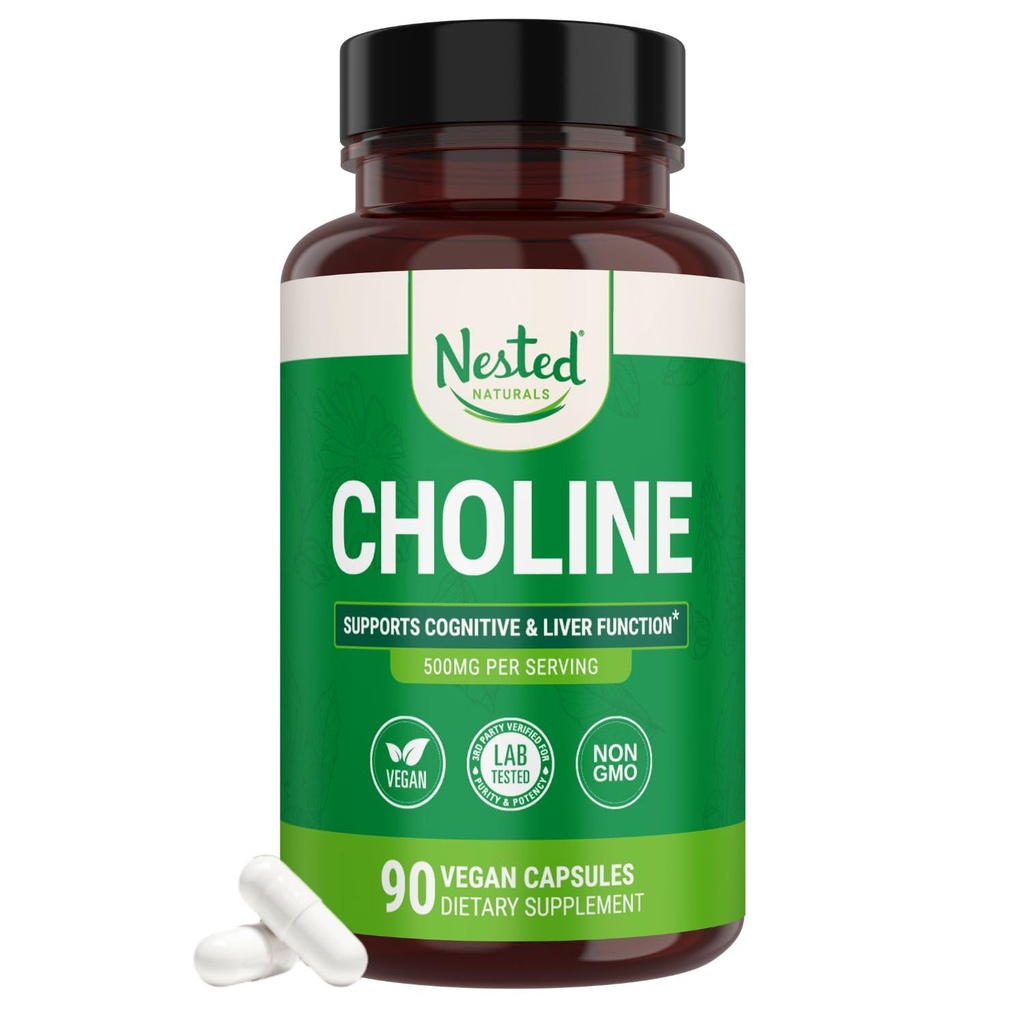 Nested Naturals Choline Bitartrate 500mg - 높은 Potency Choline 보충제 - Cognitive Performance & Liver Function - 100 % Vegan & Non-GMO Choline - 90 Vegan 캡슐 지원