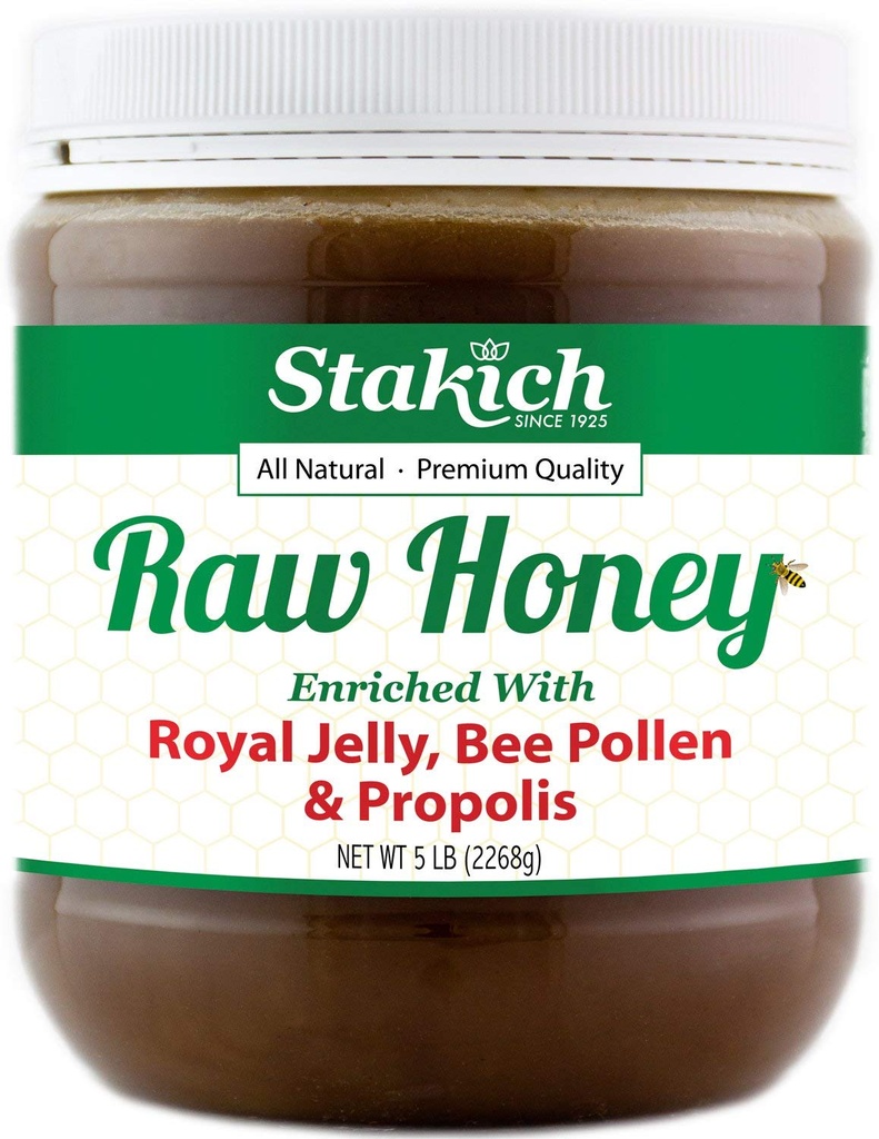 Stakich Royal Jelly, Bee Pollen, Propolis Enriched Raw Honey - Pure, Unprocessed, Unheated - 5 파운드 (80 Ounce)