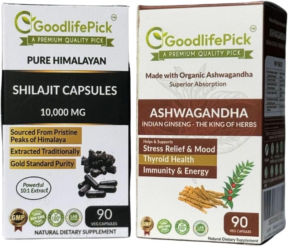 Himalayan Shilajit 캡슐 & Ashwagandha 캡슐 팩 2. 90 + 90 ct 골드 표준 프리미엄 품질 최대 혜택. 모든 자연적인 비 GMO 없음 밥 분말 충전물 없음 실리콘 Dioxide 없음 Stearate