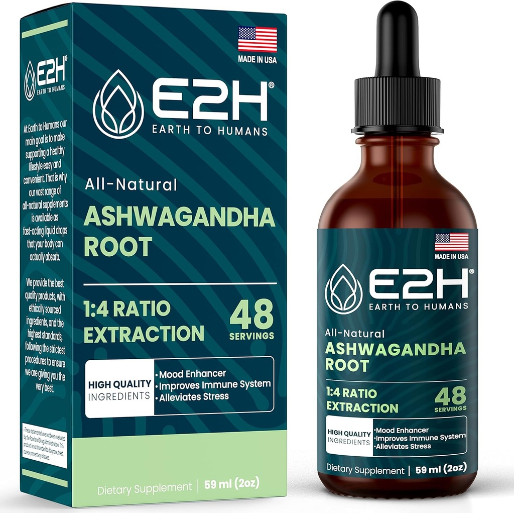 E2H Ashwagandha Liquid Drops - 스트레스 완화 및 계류 강화제 - 유기 Ashwagandha 뿌리 추출물 효과적인 Cortisol 관리자 | 비 GMO, Vegan | 2 Fl Oz