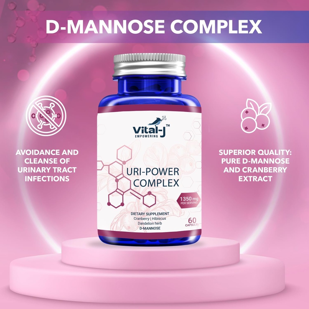 4-IN-1 URI POWER COMPLEX 1350mg - 60 일 - D Mannose, Cranberry, Hibiscus 및 Dandelion 허브 - 자연적으로 Bladder 및 Urinary Tract를 청소하십시오 - 2의 UTI 피임 팩을 위한 특별한 접근