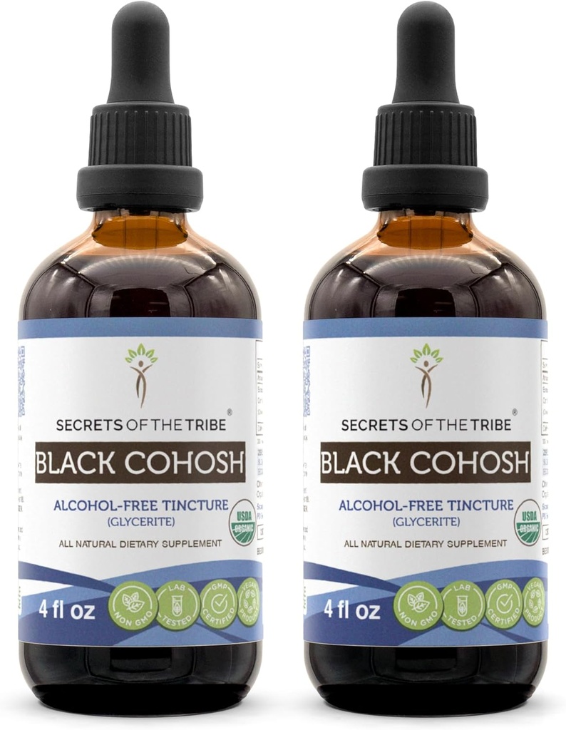 Tribe Black Cohosh USDA Organic의 비밀 | 알코올 프리 추출물, 고순도 허브 드롭 | 100 % 인증 유기농 블랙 Cohosh (Cimicifuga Racemosa) 건조 루트 2x4 온스
