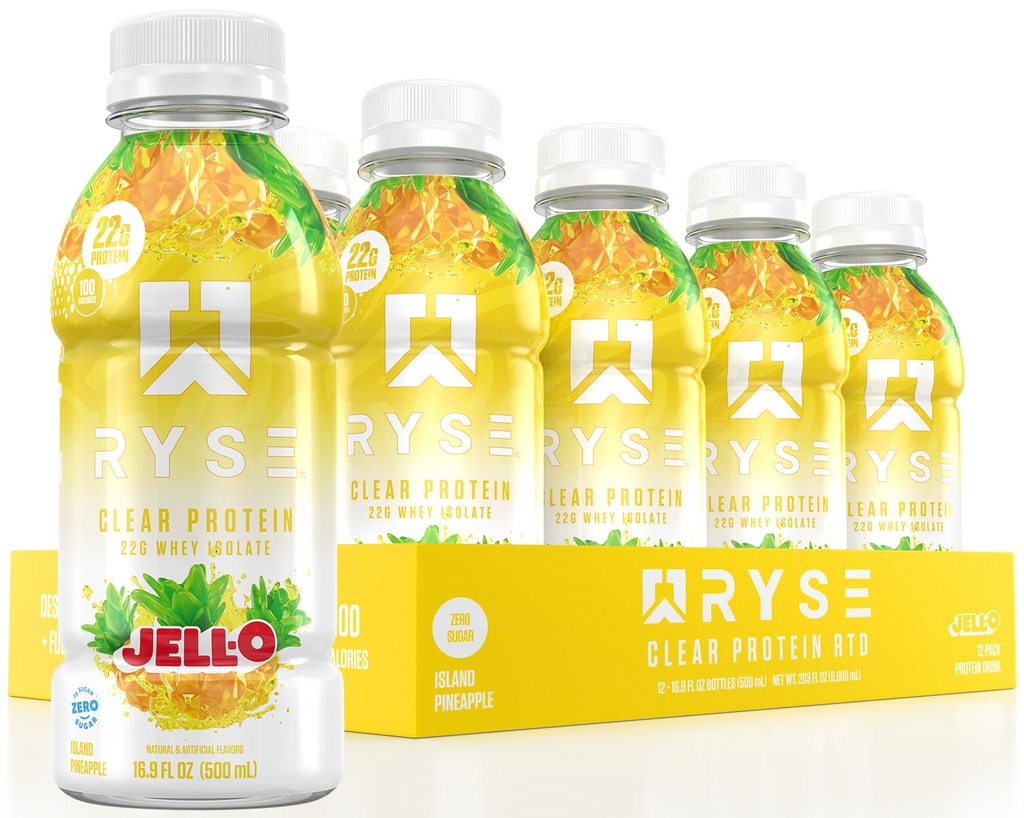 RYSE Clear Protein Drink - Jell-O Island Pineapple - 100 칼로리, 22g Whey Isolate Protein Shake, Sugar-Free, 0g Fat & Lactose-Free - Ready-to-Drink 음료 - 16.9 fl oz Bottle (12-Pack)