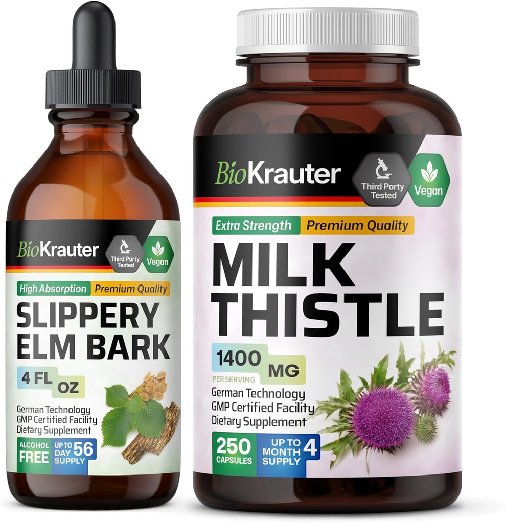 BIO KRAUTER Slippery Elm Tincture 4 Fl. Oz. & 우유 이틀 250 캡슐