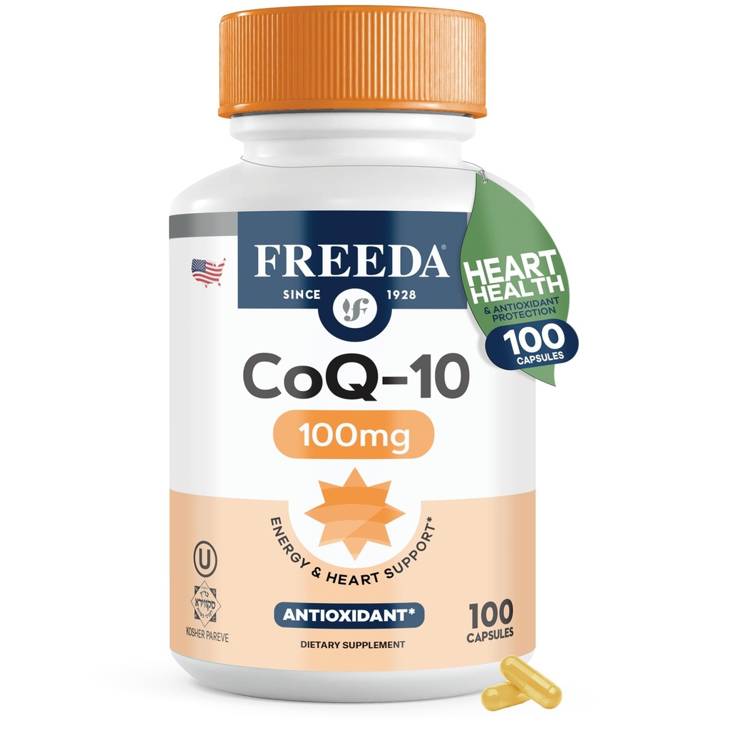 FREEDA CoQ10 100mg - 심장 혈관 심장 건강, 혈압 지원, 구두 Gum 건강 및 건강한 노후화 - 순수한 CoQ10 캡슐, 100 조사를 위한 고약 Coenzyme Q10 규정식 보충교재