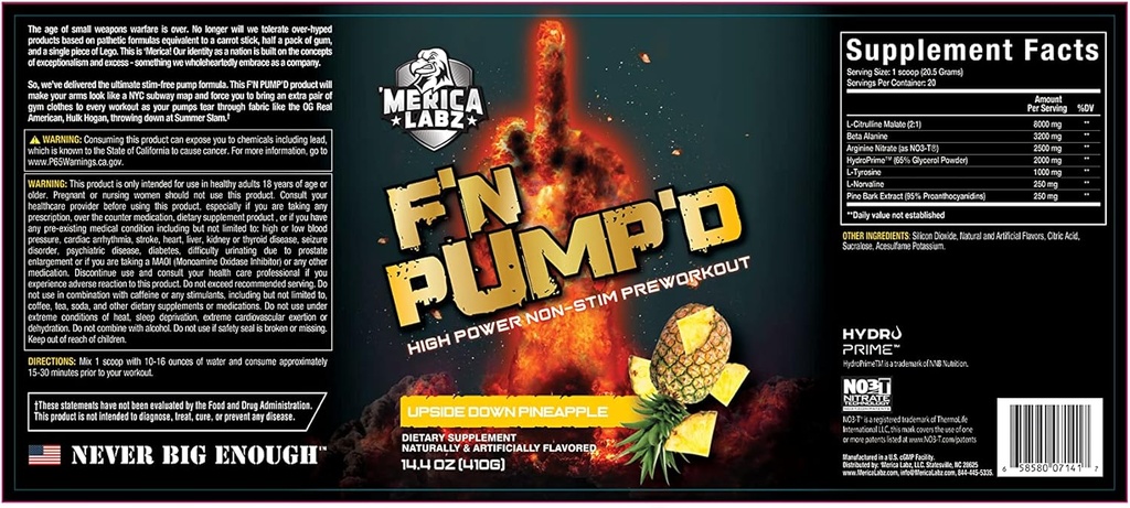 'Merica Labz F'N Pump'D Stimulant Free, Nitric Oxide,Fully Dosed, 펌프 PreWorkout Powder (20 서빙) (파인애플 아래로)