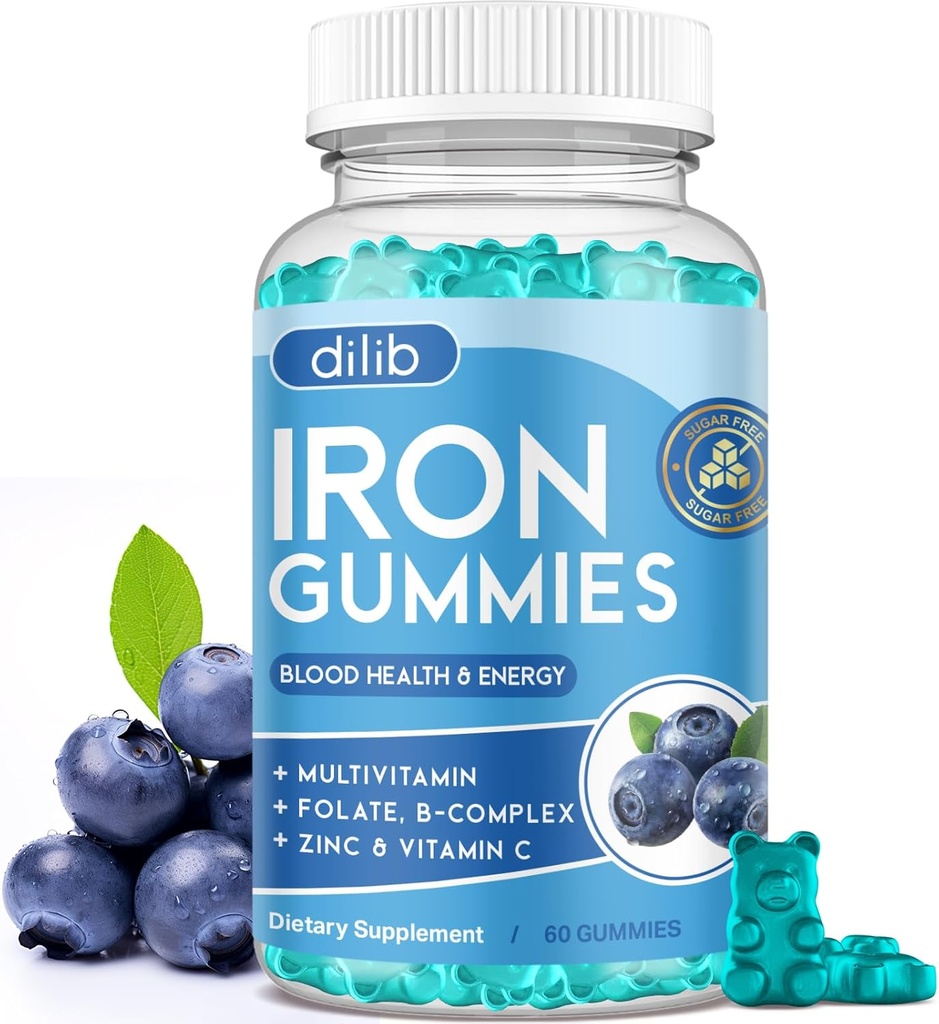 다비타민을 가진 철 Gummies, 아연, 비타민 B Complex & C, B12, Folate를 가진 여자 & 남자를 위한 철 보충교재 - 성인 & 아이를 위한 혈액 건축업자 & 에너지 지원 - 블루베리 풍미, Vegan 60 Gummies