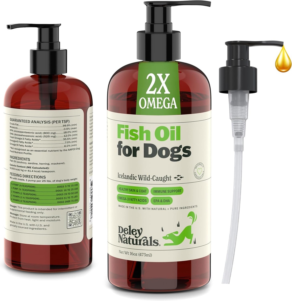 Deley Naturals Dog Fish Oil Icelandic 2X Omega - 알레르기, 코트 및 하트를위한 오메가 3 생선 오일 - 개 피부 자극을위한 오메가 3 생선 오일 - 미국에서 만든 개 16oz 오메가 오일